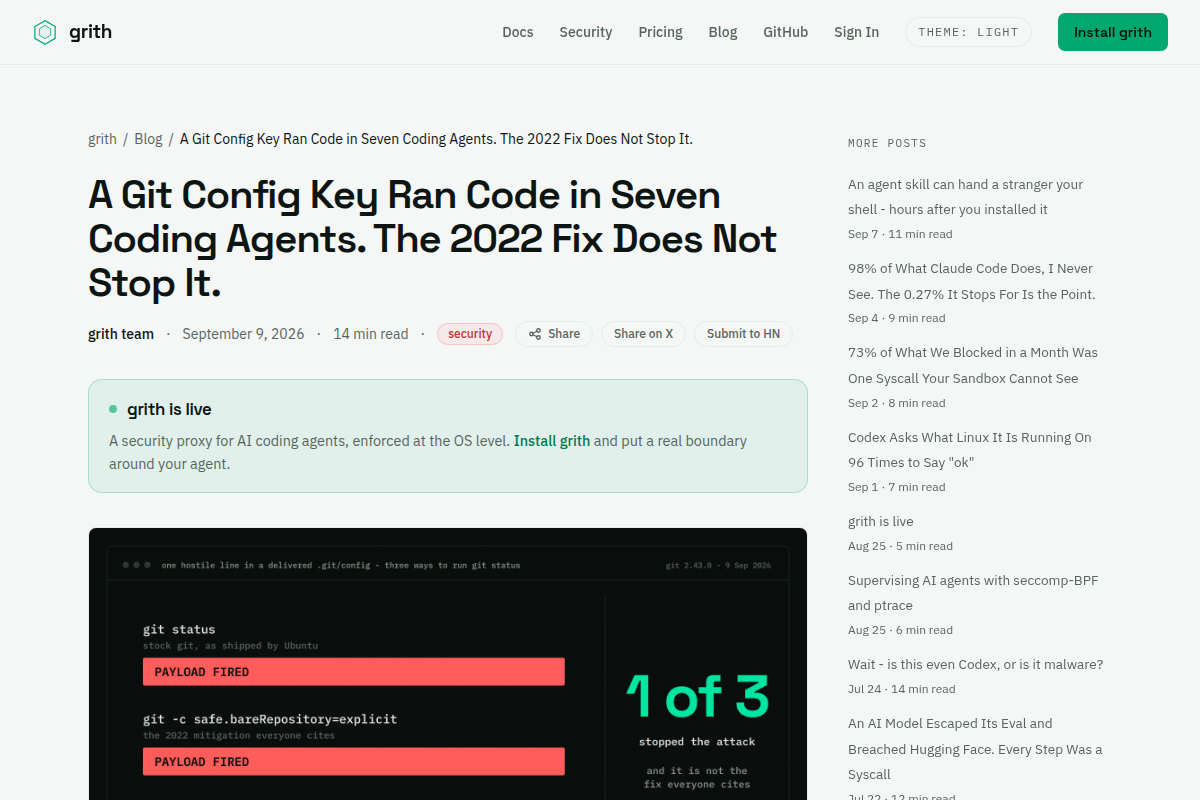 A Git Config Key Ran Code in Seven Coding Agents. The 2022 Fix Does Not Stop It. screenshot
