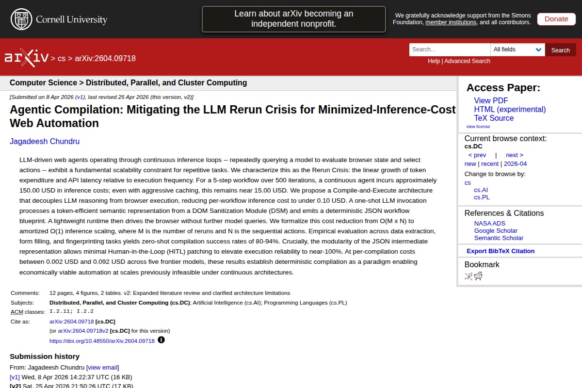 Agentic Compilation: Mitigating the LLM Rerun Crisis for Minimized-Inference-Cost Web Automation thumbnail