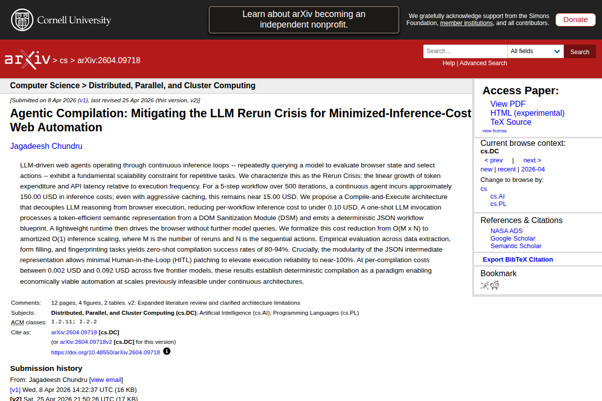Agentic Compilation: Mitigating the LLM Rerun Crisis for Minimized-Inference-Cost Web Automation screenshot