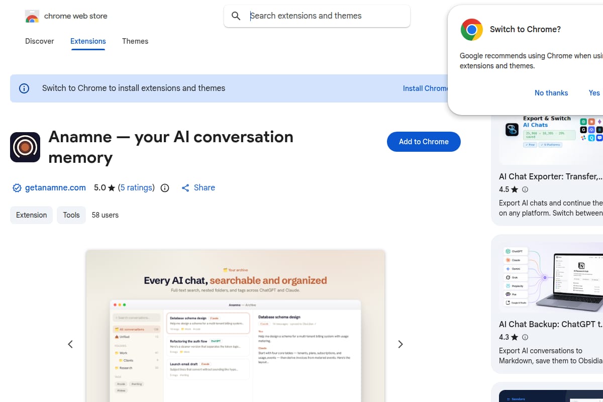 Anamne — your AI conversation memory screenshot