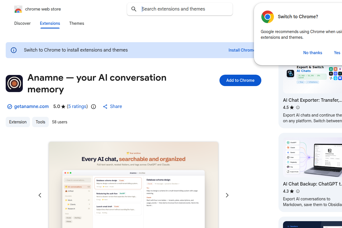 Anamne — your AI conversation memory screenshot