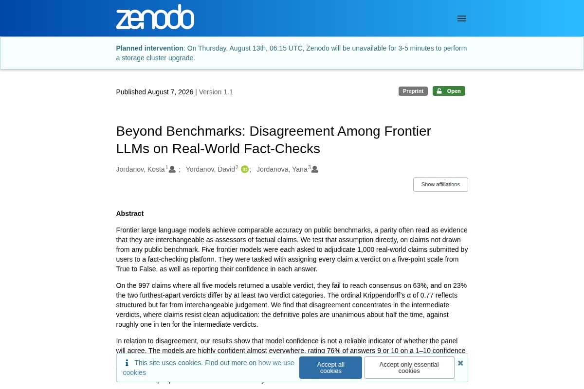 Beyond Benchmarks: Disagreement Among Frontier LLMs on Real-World Fact-Checks thumbnail