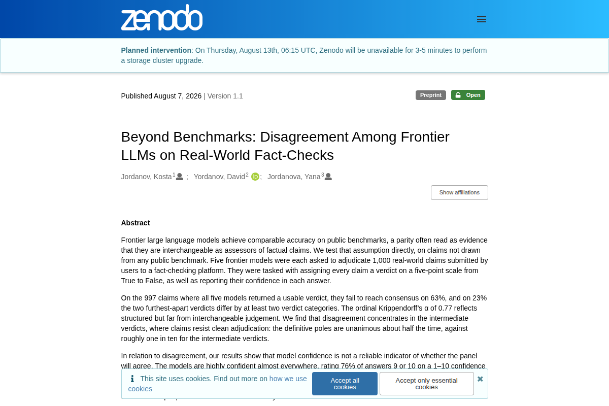 Beyond Benchmarks: Disagreement Among Frontier LLMs on Real-World Fact-Checks screenshot