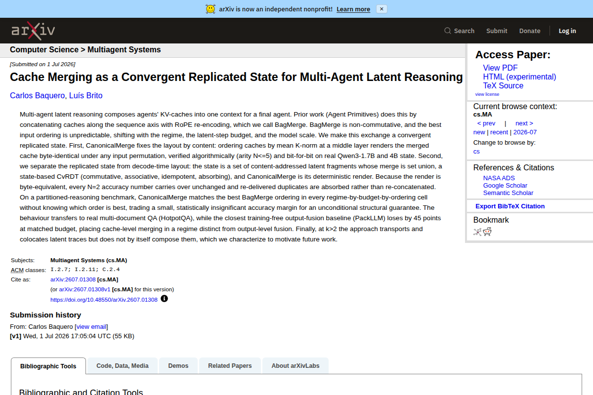 Cache Merging as a Convergent Replicated State for Multi-Agent Latent Reasoning screenshot