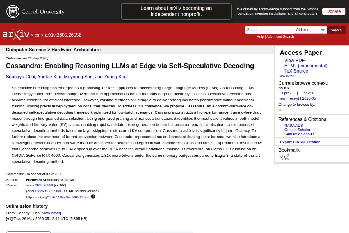 Cassandra: Enabling Reasoning LLMs at Edge via Self-Speculative Decoding thumbnail
