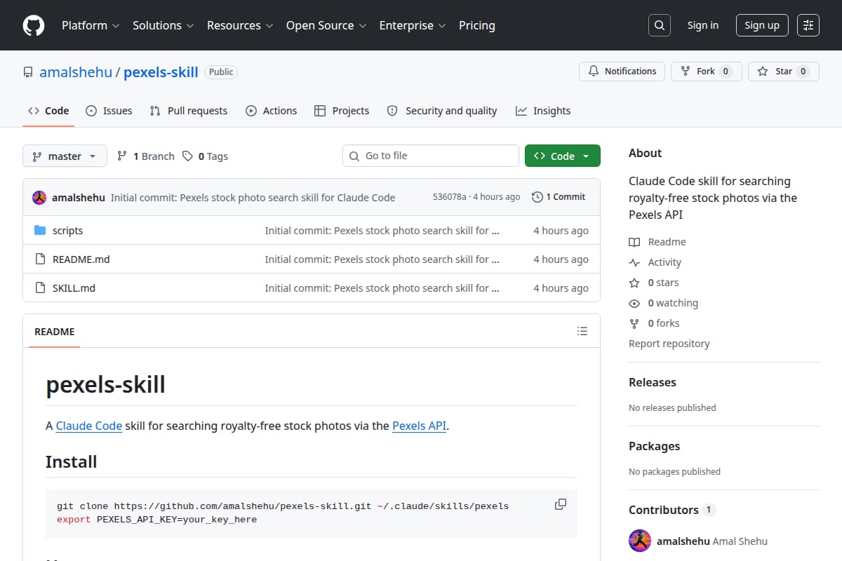 Claude Code skill for searching royalty-free stock photos via the Pexels API thumbnail