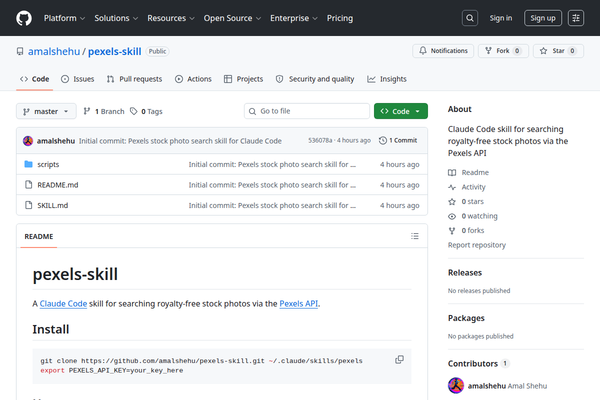 Claude Code skill for searching royalty-free stock photos via the Pexels API screenshot