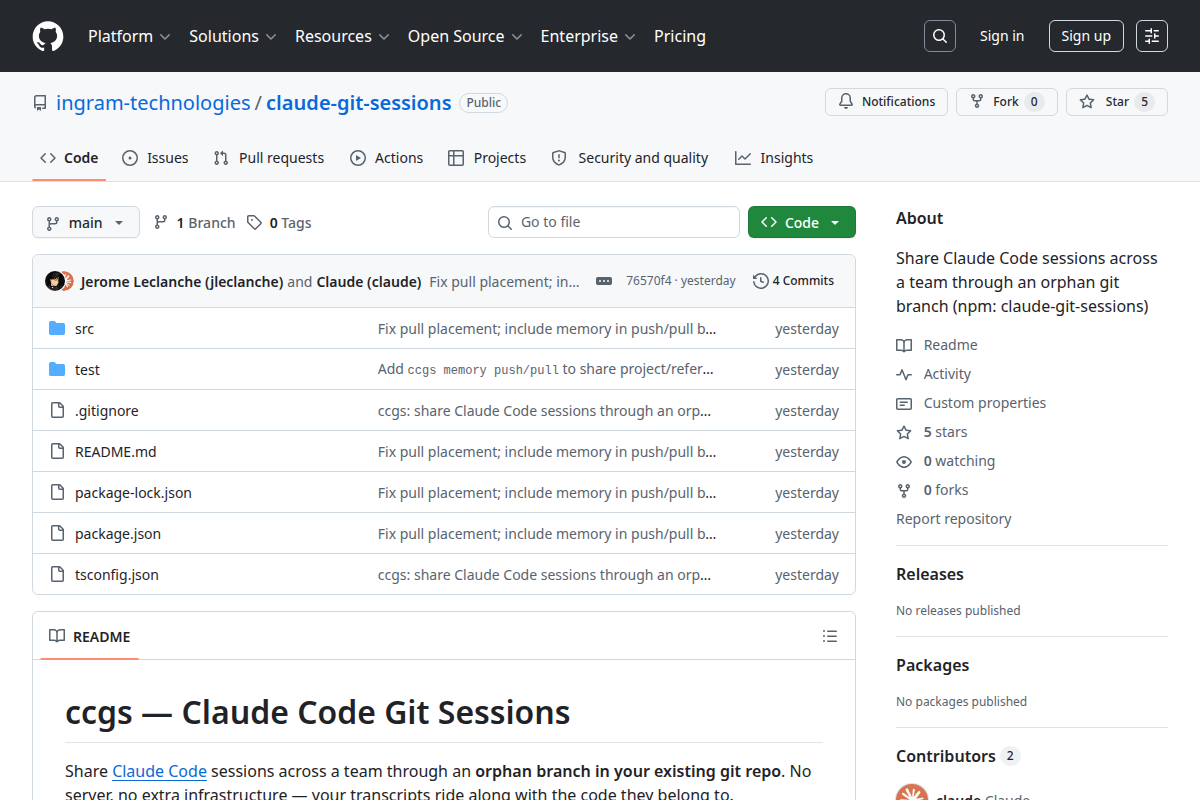 claude-git-sessions (ccgs) screenshot
