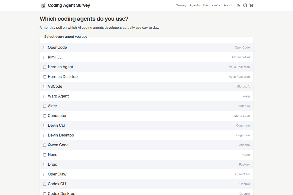 Coding Agent Survey screenshot