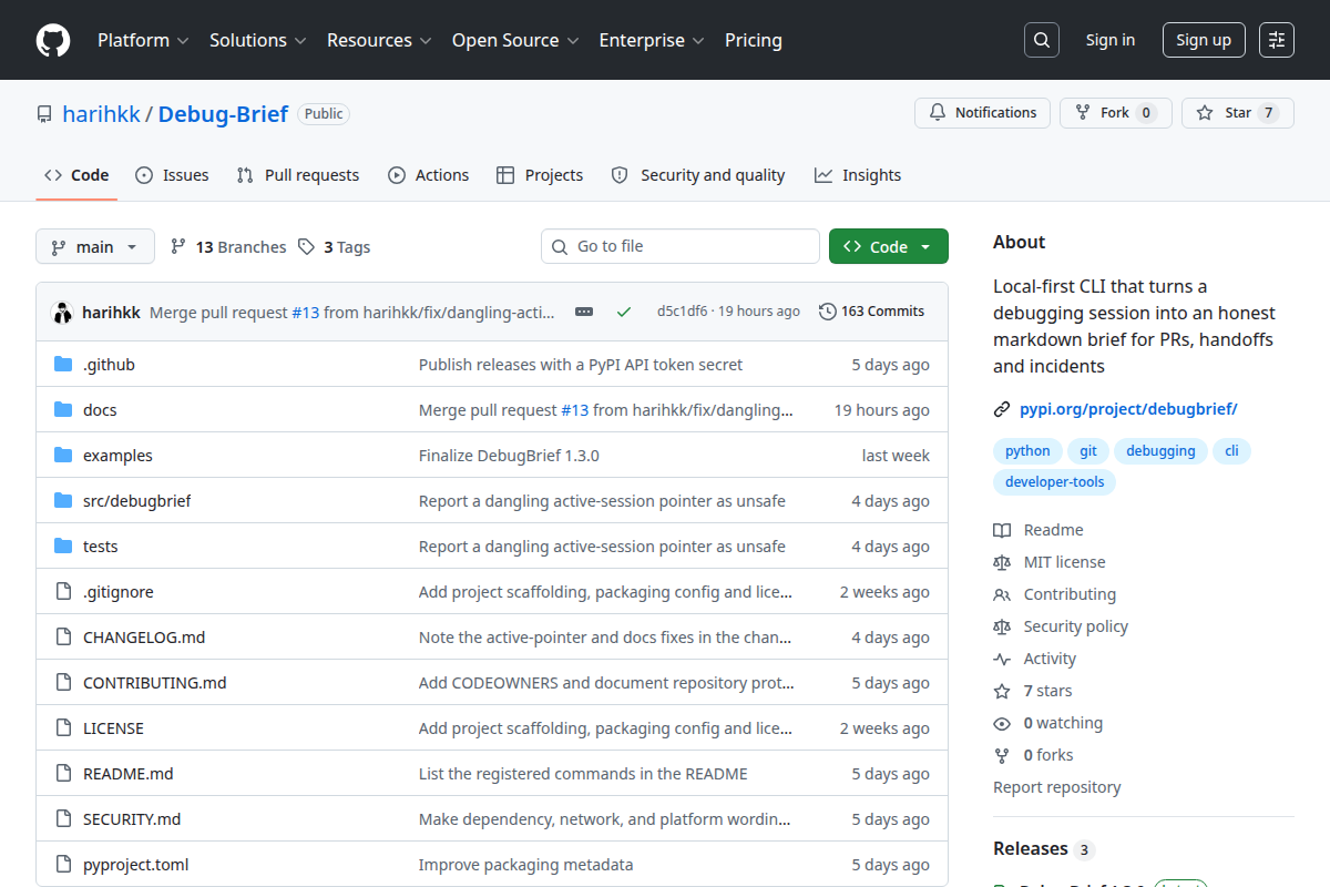 DebugBrief screenshot