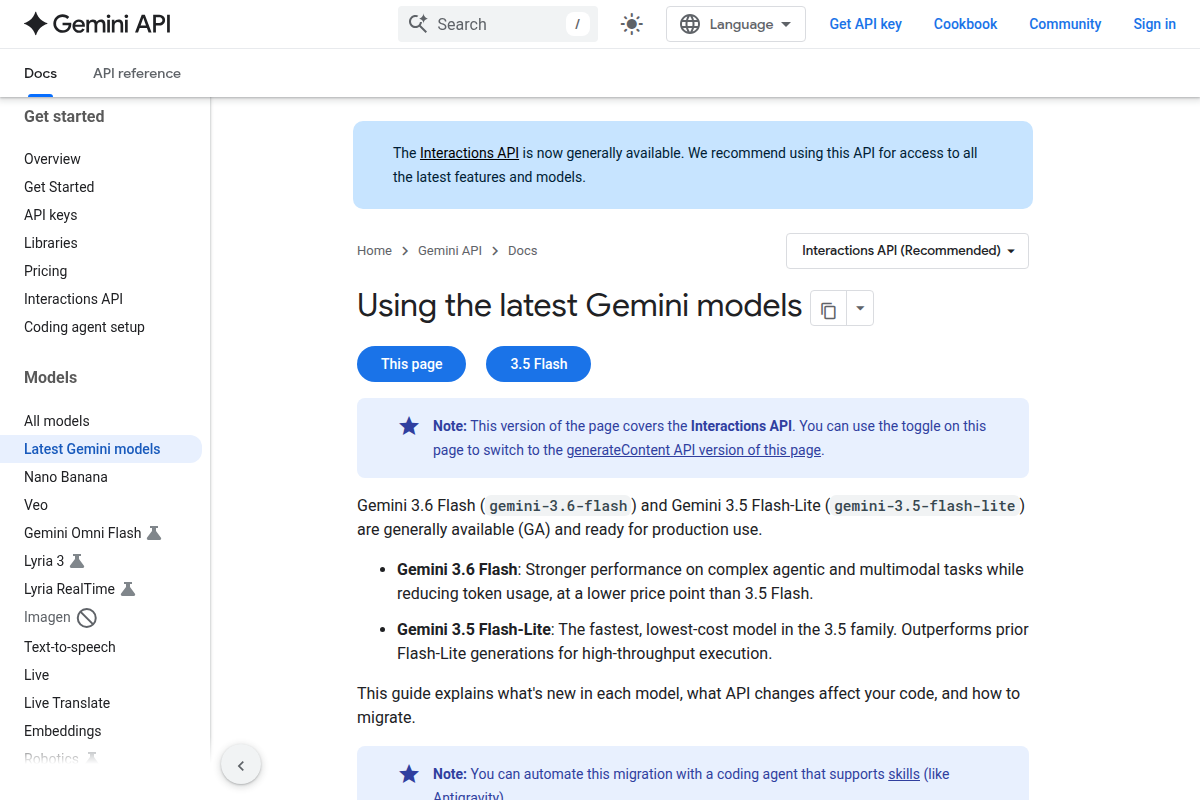 Gemini latest models documentation screenshot