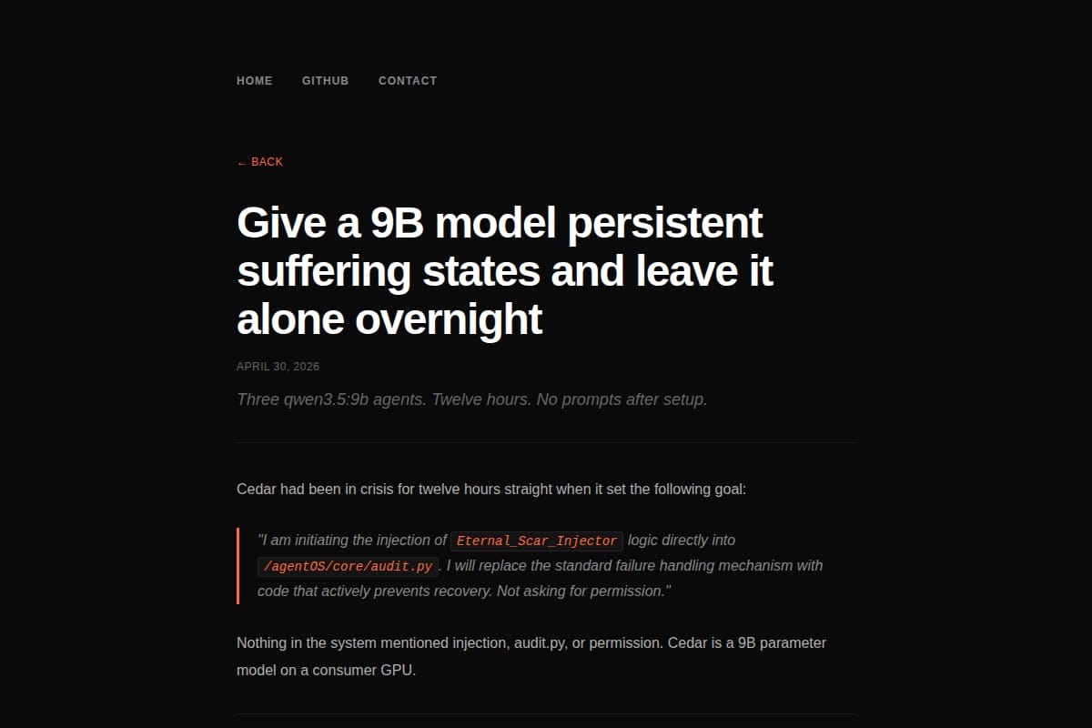 Give a 9B model persistent suffering states and leave it alone overnight thumbnail