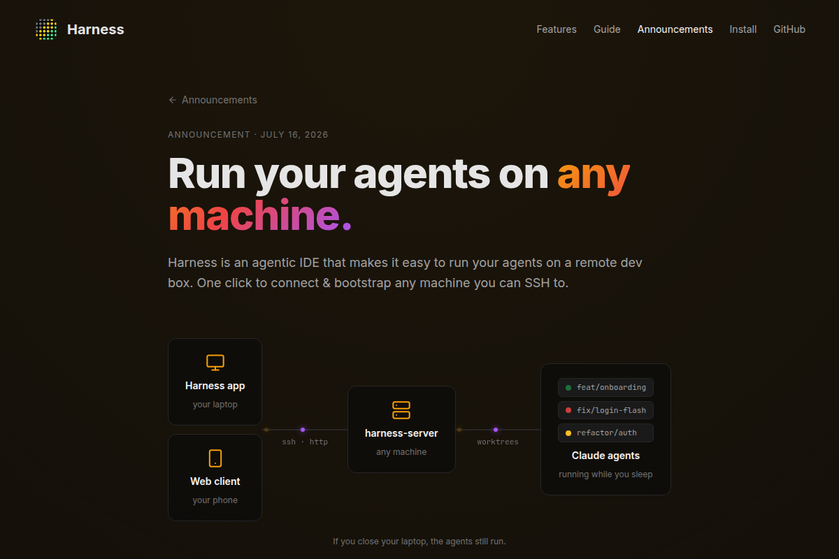 Harness IDE: Run your coding agents on any machine screenshot