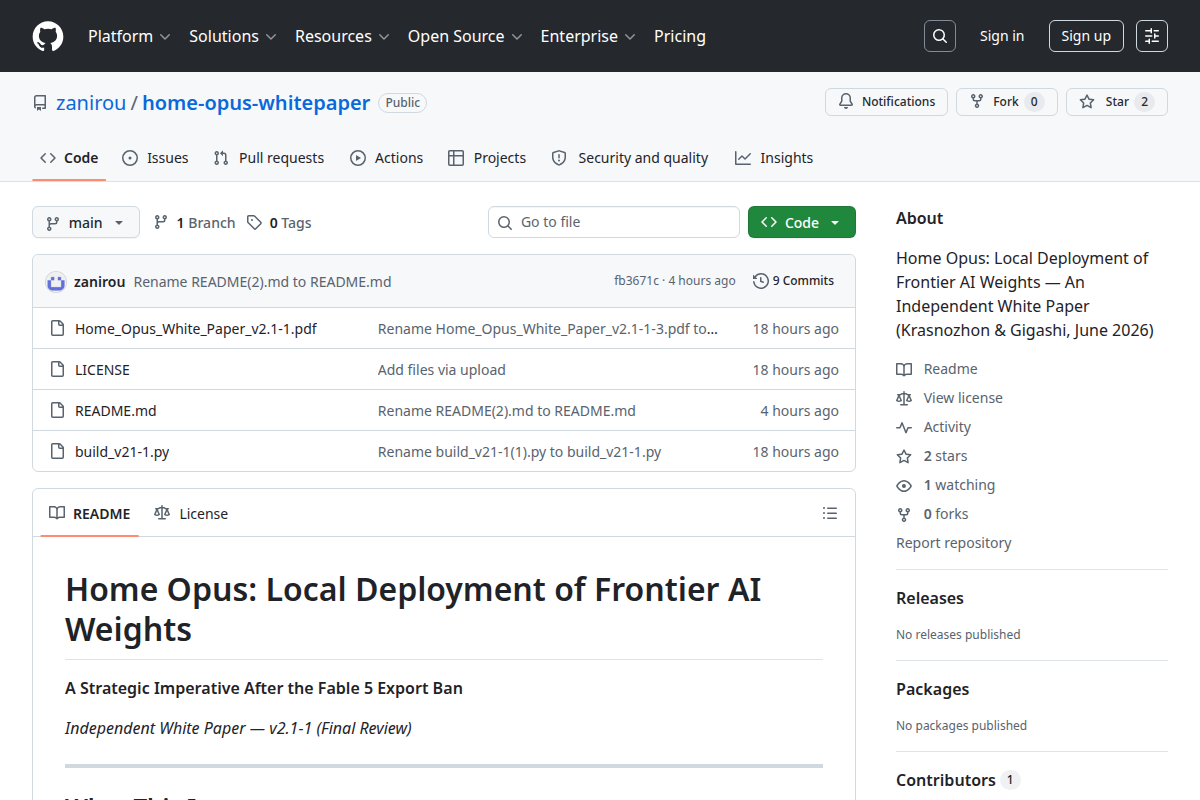 Home Opus: Local Deployment of Frontier AI Weights screenshot