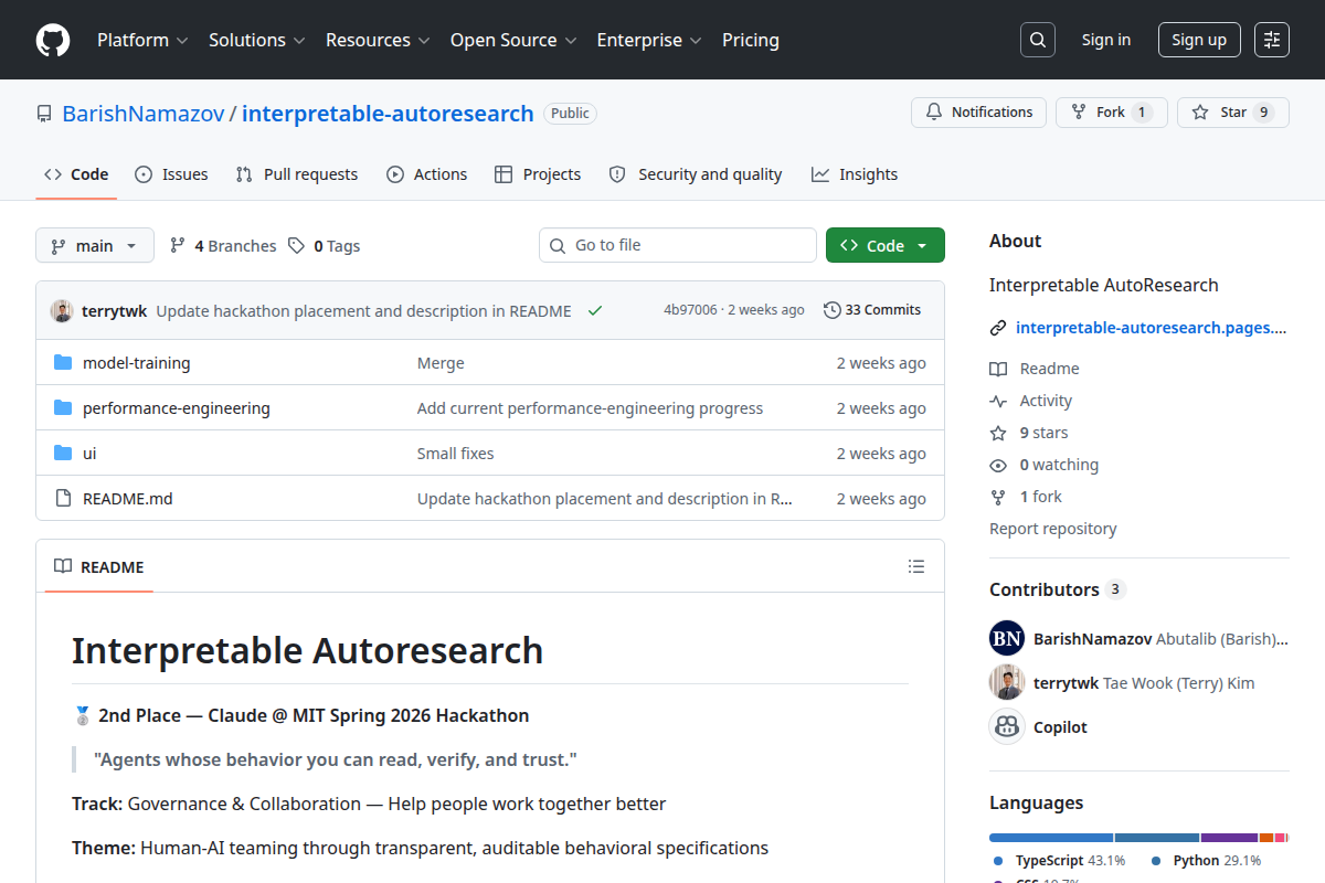 Interpretable AutoResearch screenshot