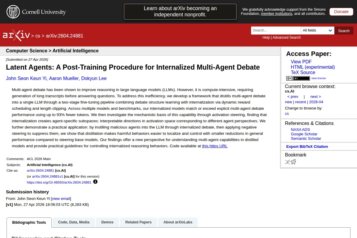 Latent Agents: A Post-Training Procedure for Internalized Multi-Agent Debate thumbnail