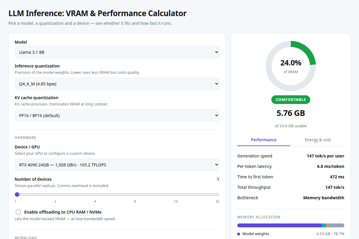 LLM Inference: VRAM & Performance Calculator screenshot