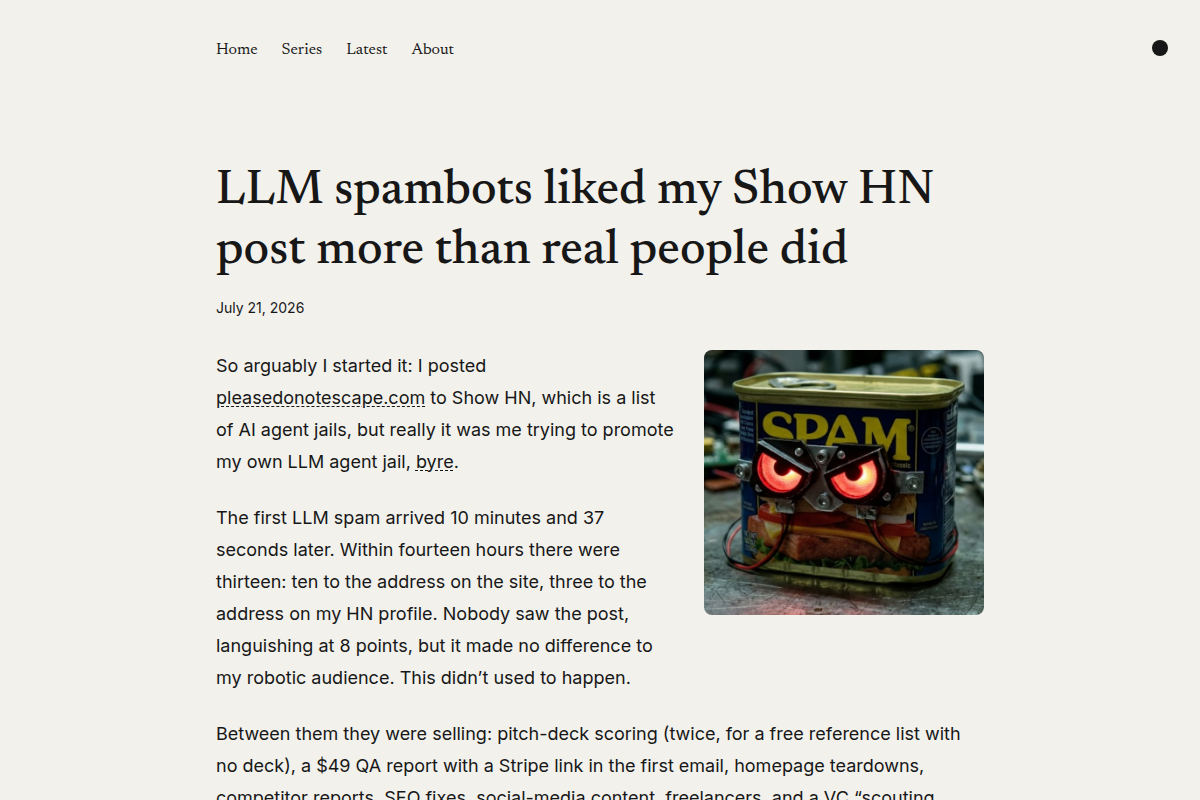 LLM spambots liked my Show HN post more than real people did screenshot
