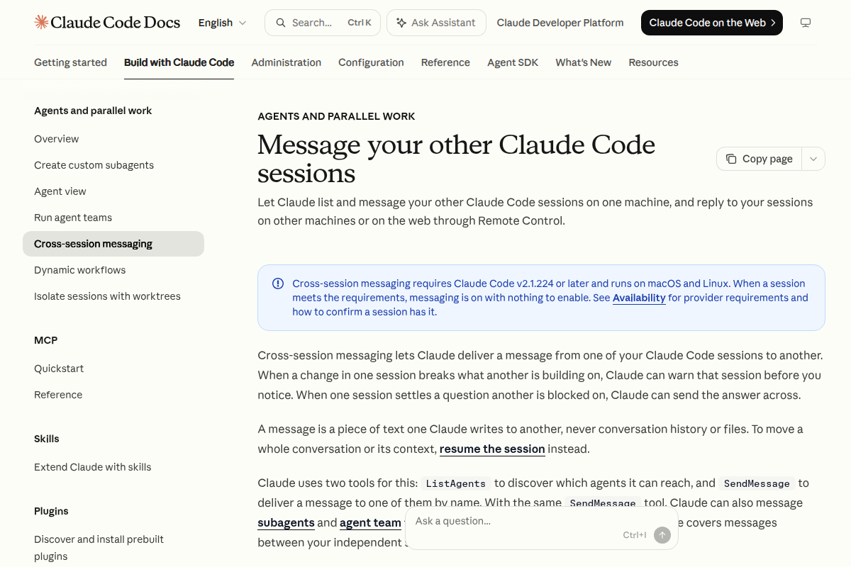 Message your other Claude Code sessions screenshot