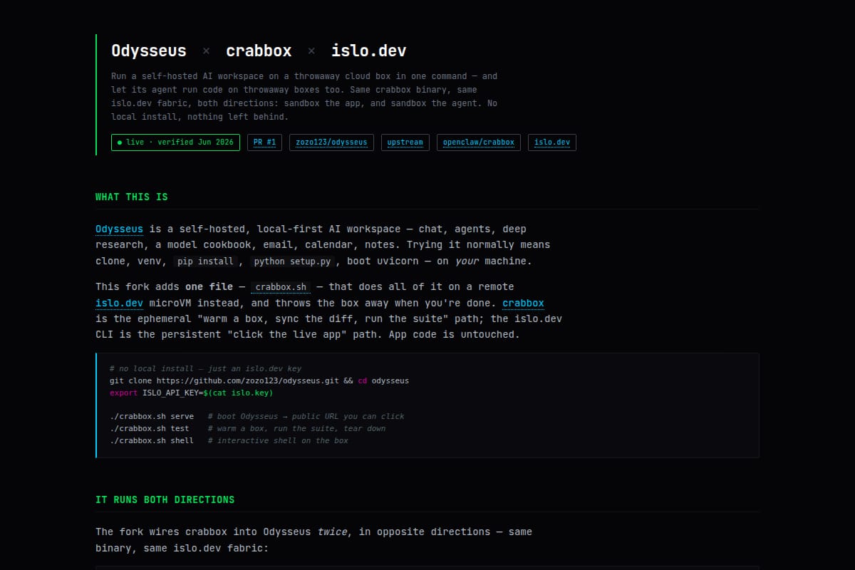 Odysseus × crabbox × islo.dev thumbnail