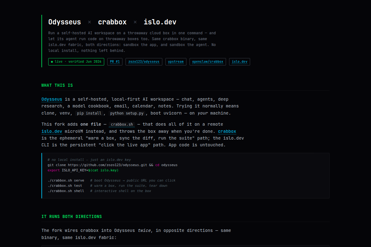 Odysseus × crabbox × islo.dev screenshot