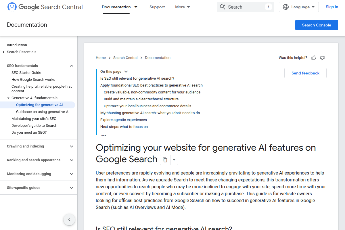Optimizing your website for generative AI features on Google Search screenshot