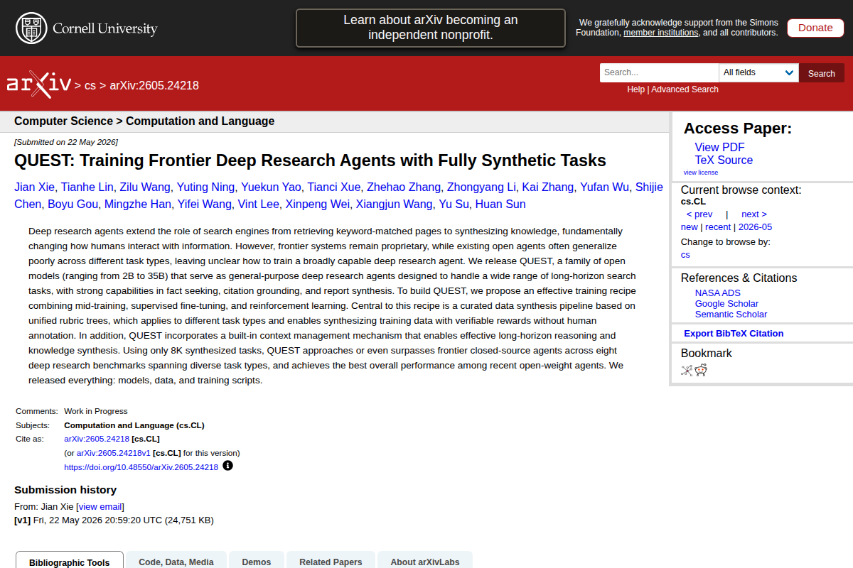 QUEST: Training Frontier Deep Research Agents with Fully Synthetic Tasks screenshot