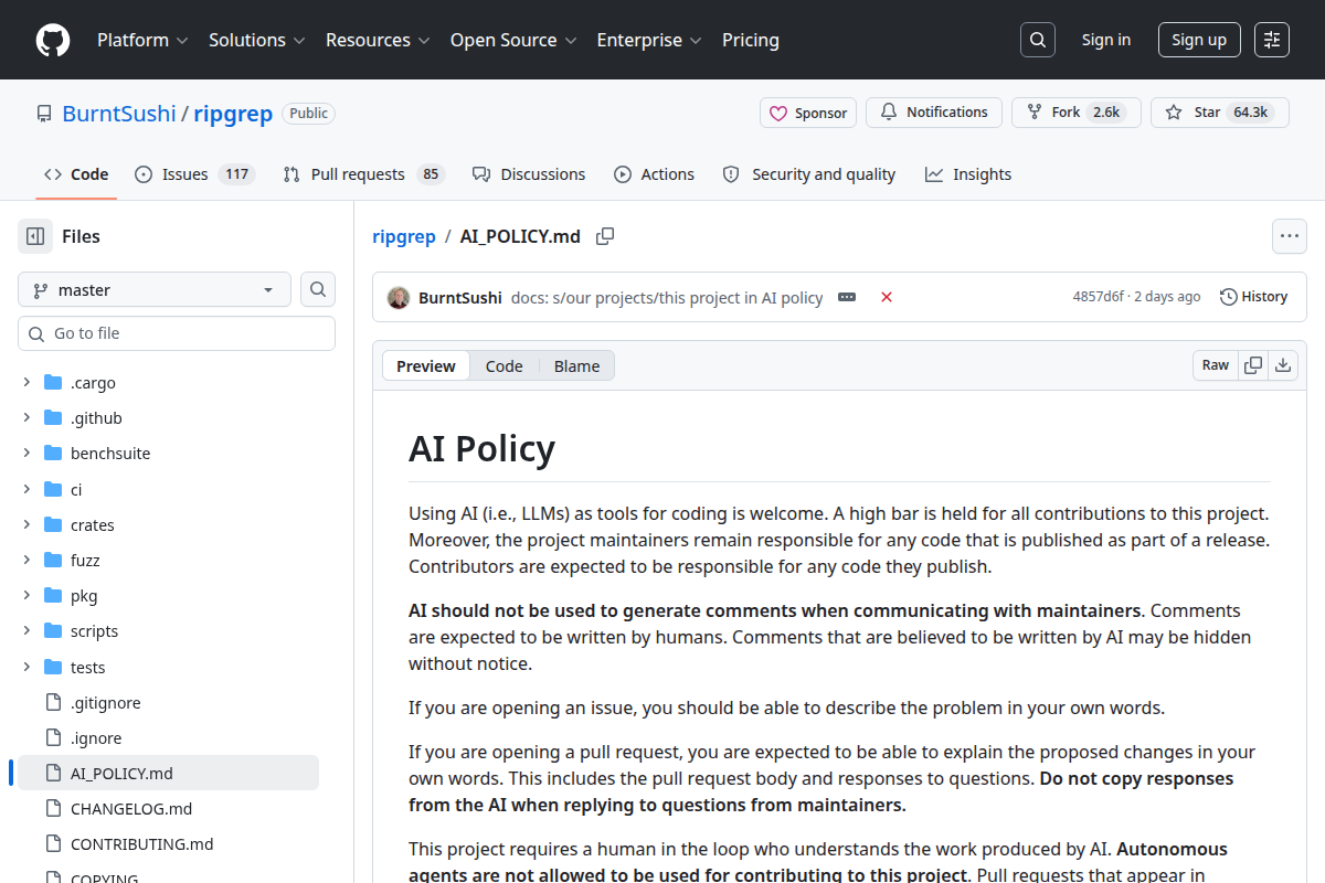 Ripgrep AI Policy screenshot
