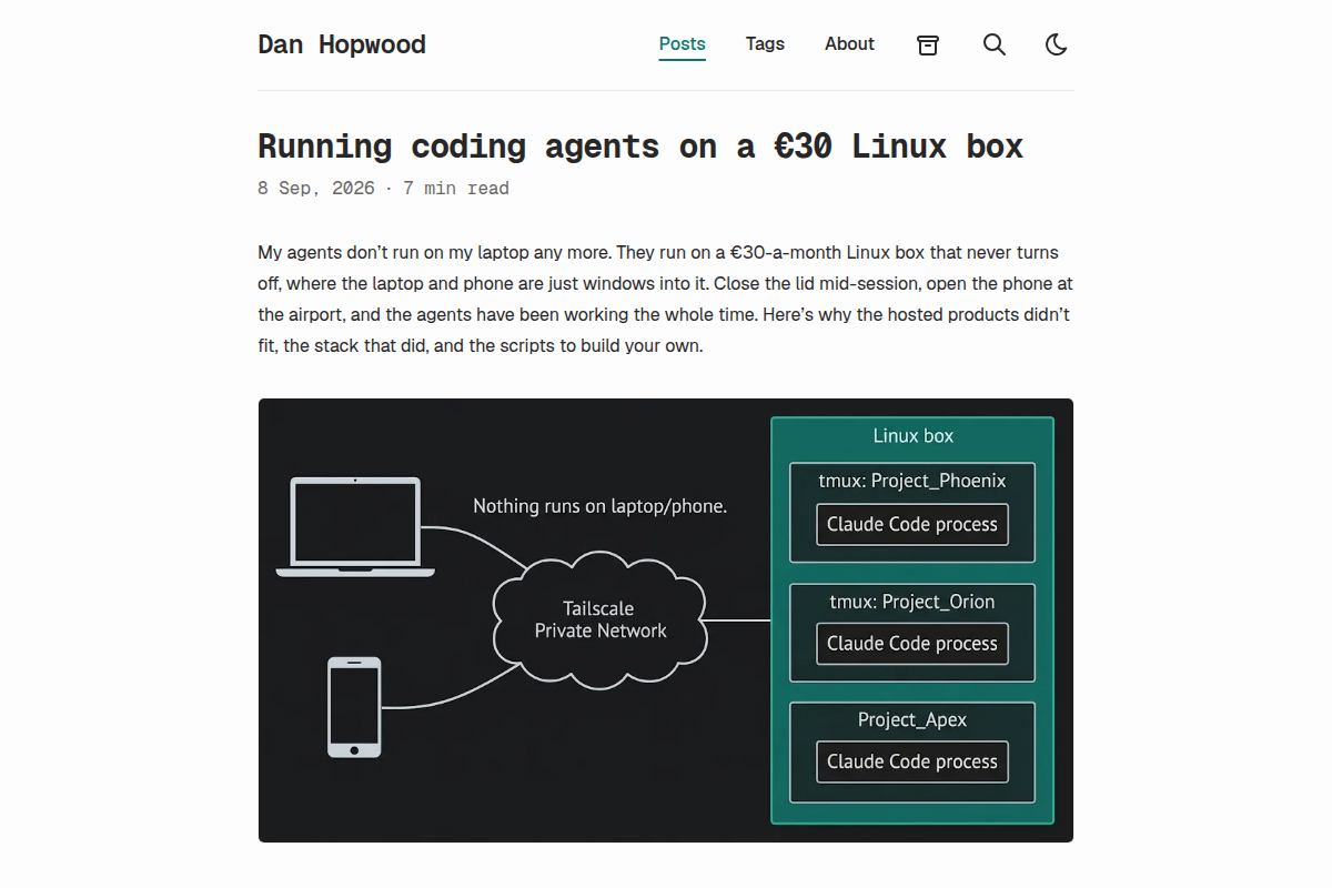Running coding agents on a €30 Linux box screenshot