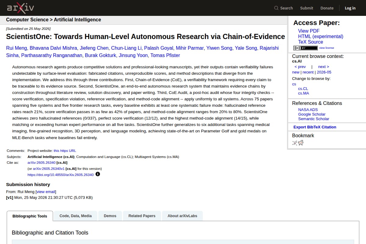ScientistOne: Towards Human-Level Autonomous Research via Chain-of-Evidence thumbnail