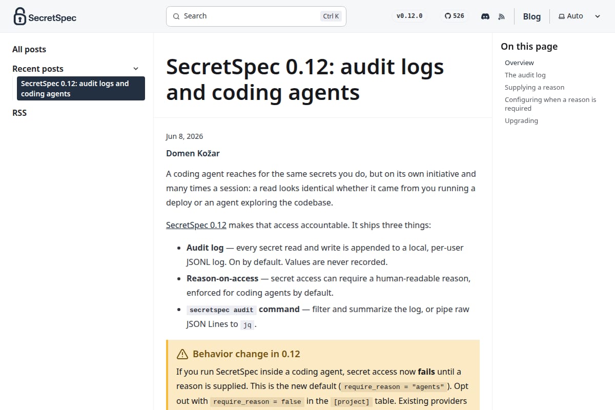 SecretSpec 0.12: audit logs and coding agents thumbnail