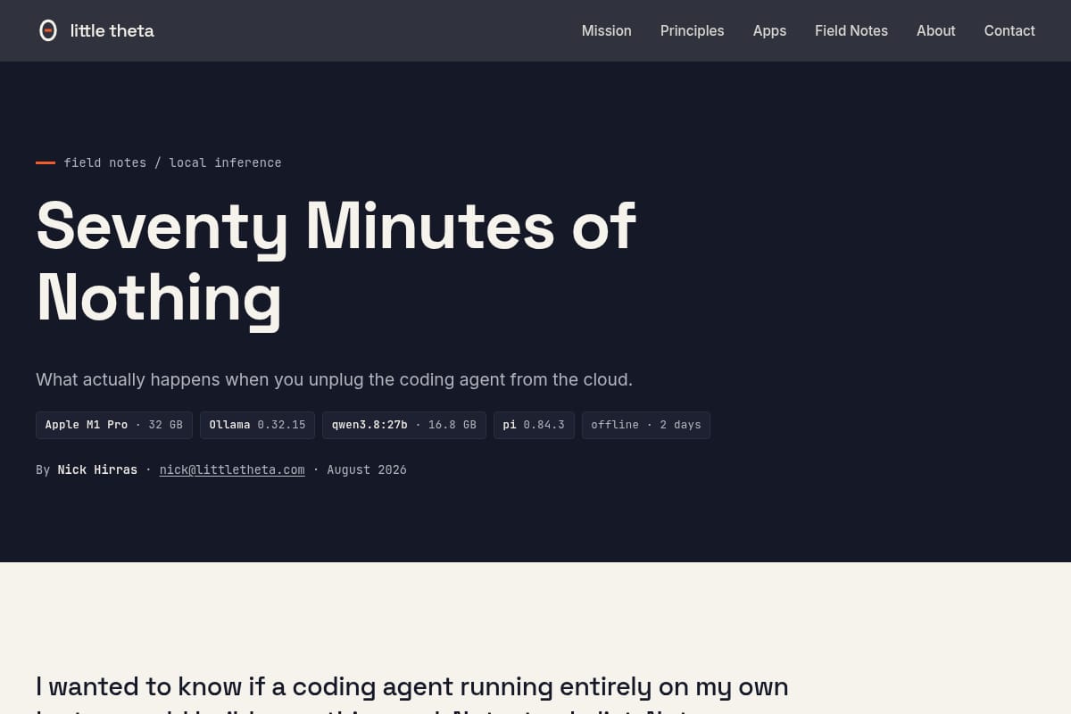 Seventy Minutes of Nothing: unplugging a coding agent from the cloud thumbnail