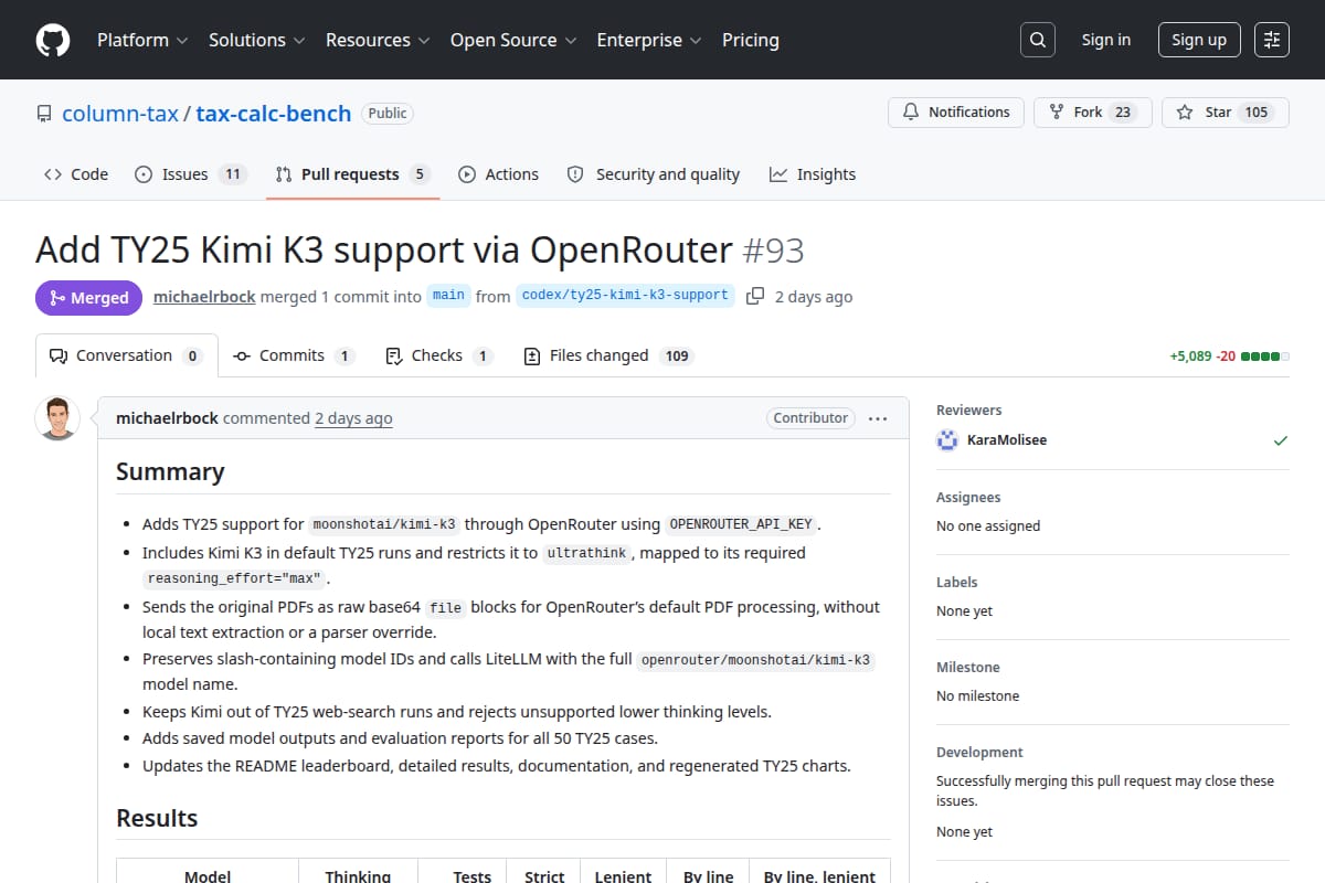 TaxCalcBench pull request: TY25 Kimi K3 support via OpenRouter thumbnail