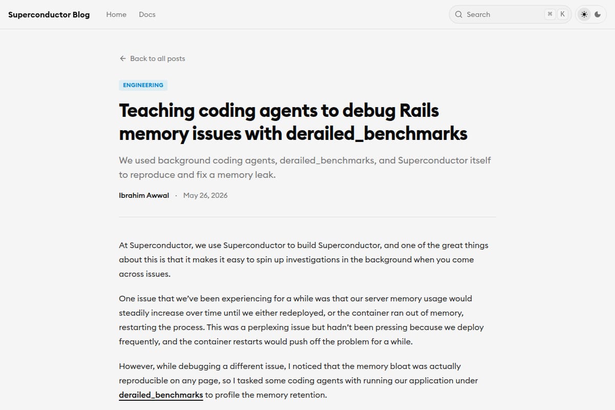 Teaching coding agents to debug Rails memory issues with derailed_benchmarks thumbnail