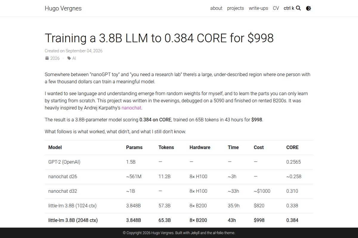 Training a 3.8B LLM to 0.384 CORE for $998 thumbnail