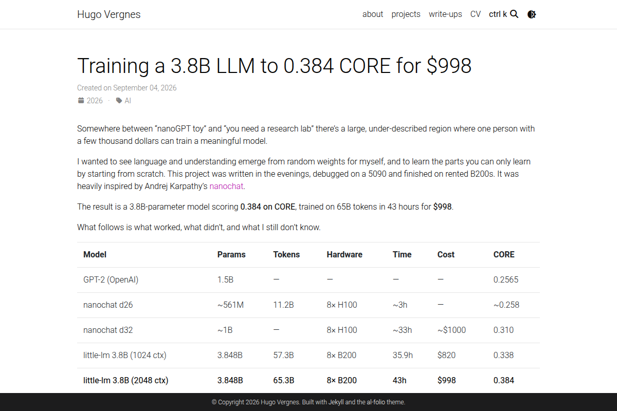 Training a 3.8B LLM to 0.384 CORE for $998 screenshot
